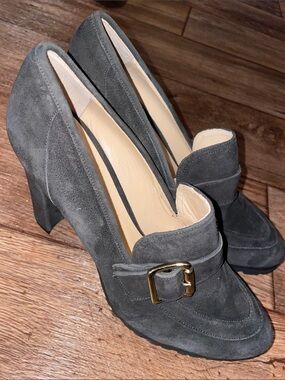 Suede Buckle Loafer Heels Dark Gray Women Dress Pumps Italian Size 41 US 9.5/10